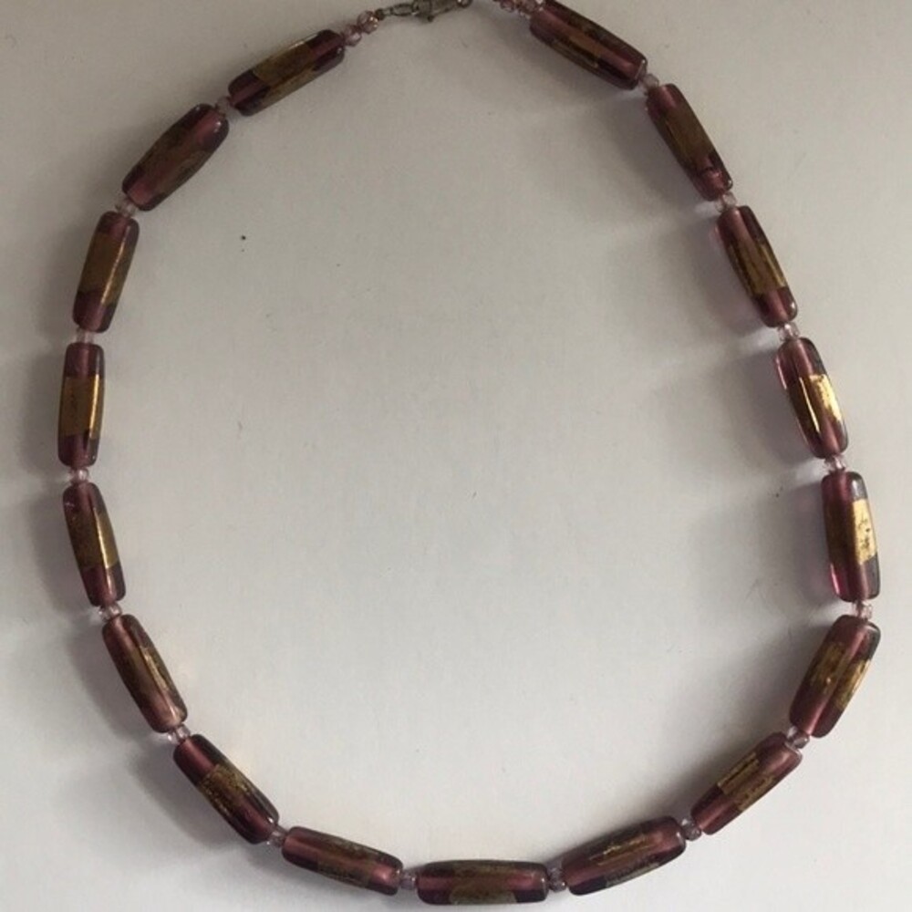 Vintage Purple with Gold Indian Glass Necklace Sterling Silver Clasp 19.5" - Picture 4 of 8